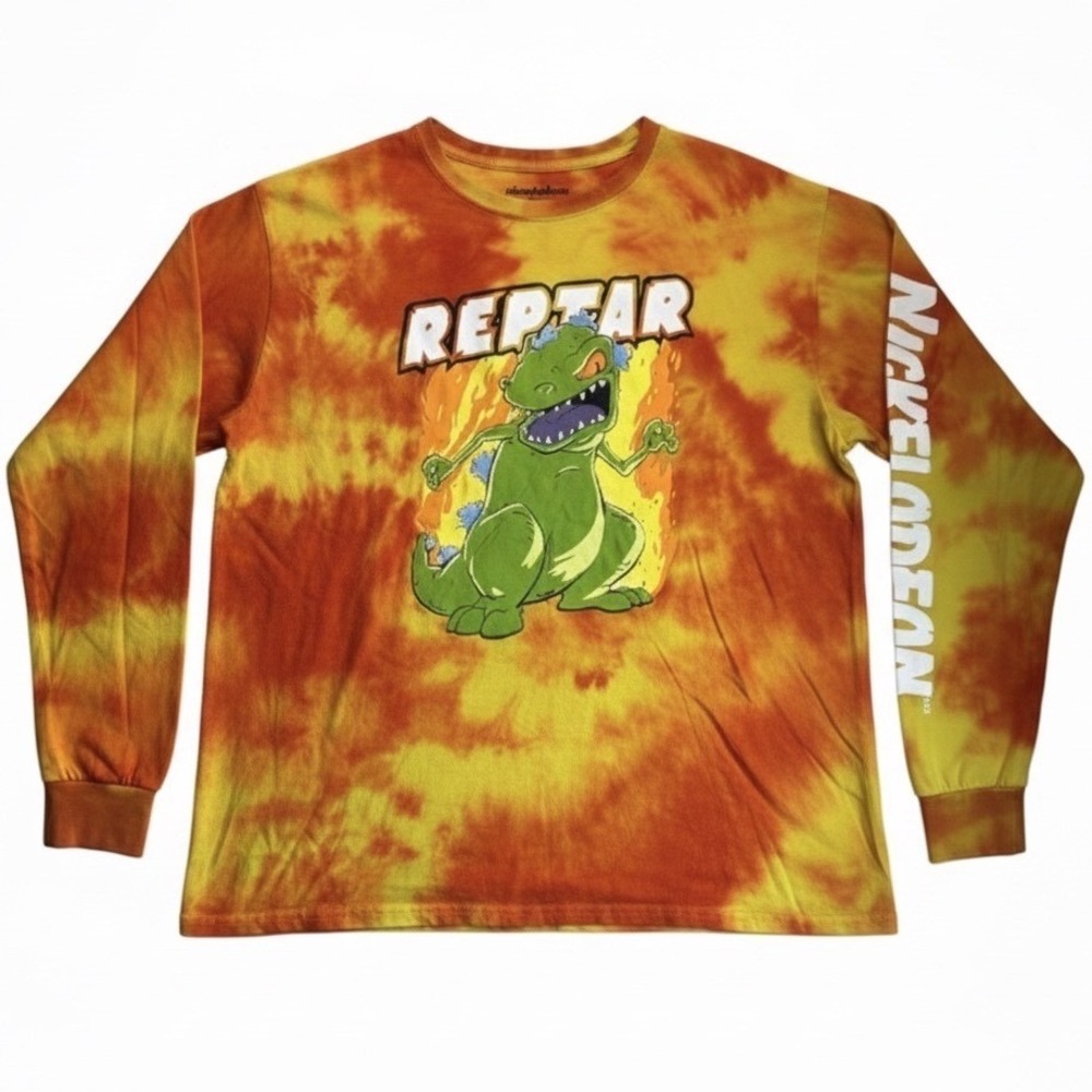 Rugrats Reptar Nickelodeon Long Sleeve Shirt Orange Tie Dye‎ Retro Sz 3XL
